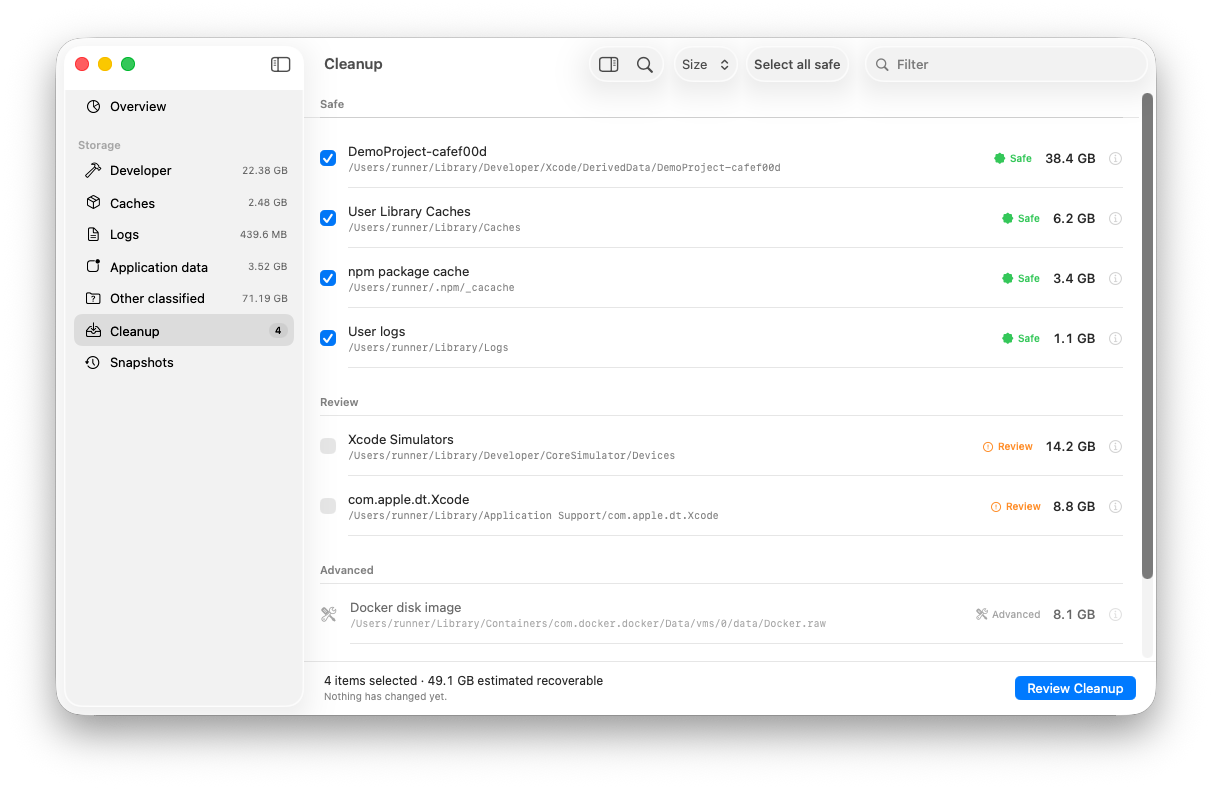 Cleanup list with Safe, Review, Advanced, and Protected sections. Protected items have no checkbox.