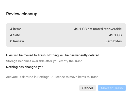 Dry-run sheet: Nothing has changed yet. Storage becomes available after you empty the Trash.